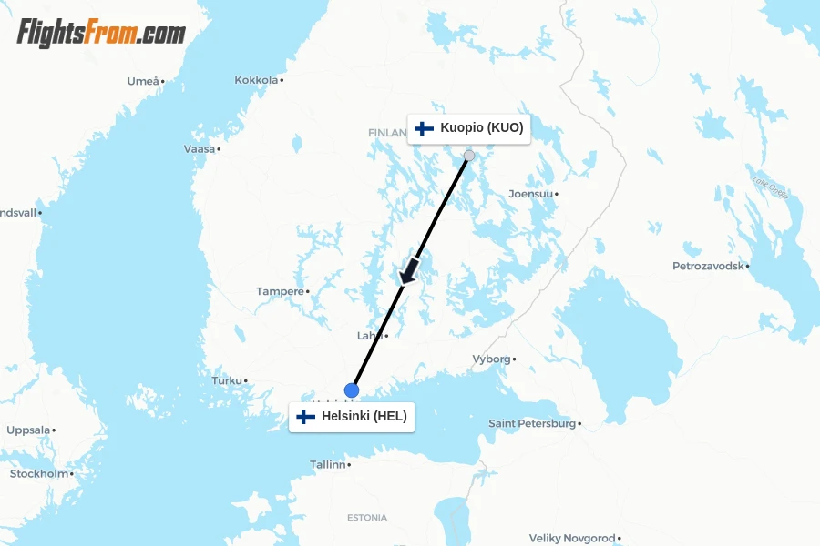 Flights from Kuopio to Helsinki route map