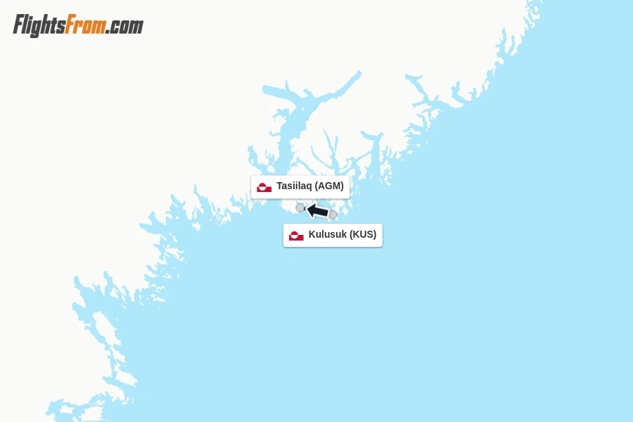 Flights from Kulusuk to Tasiilaq route map