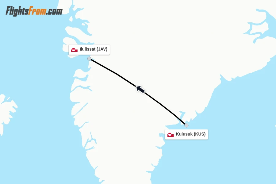 Flights from Kulusuk to Ilulissat route map