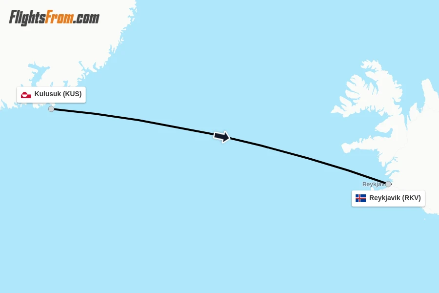 Flights from Kulusuk to Reykjavik route map