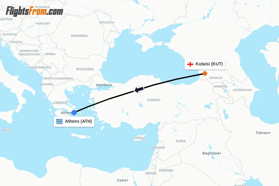 Flights from Kutaisi to Athens route map