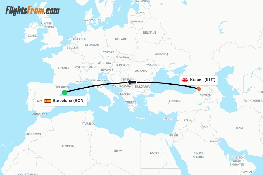 Flights from Kutaisi to Barcelona route map