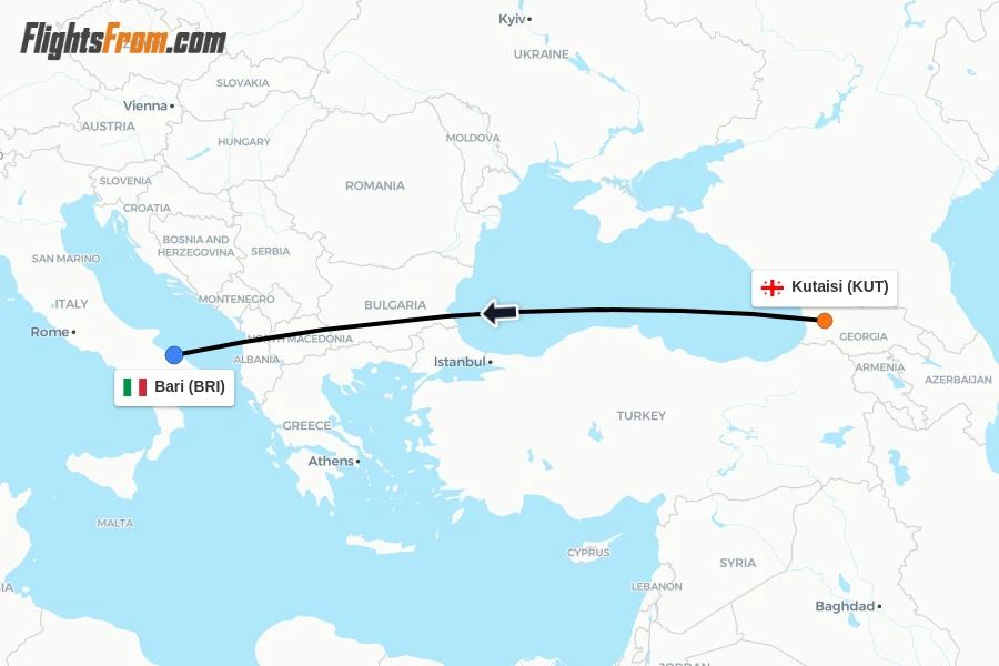 Flights from Kutaisi to Bari route map