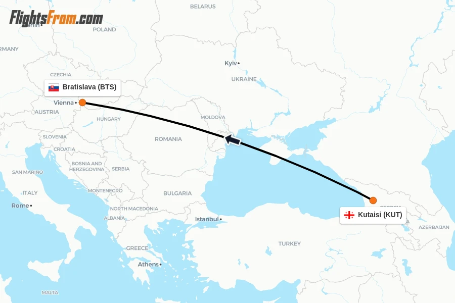 Flights from Kutaisi to Bratislava route map