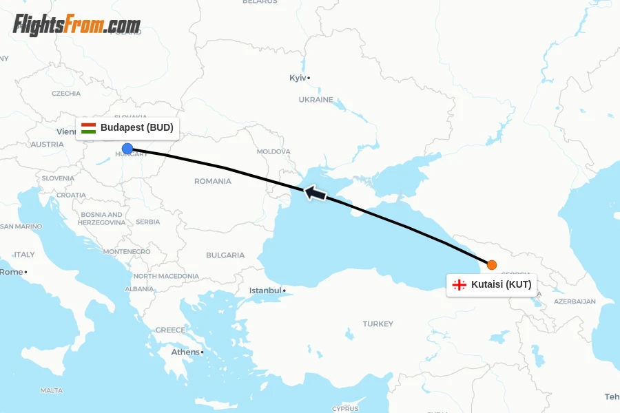 Flights from Kutaisi to Budapest route map