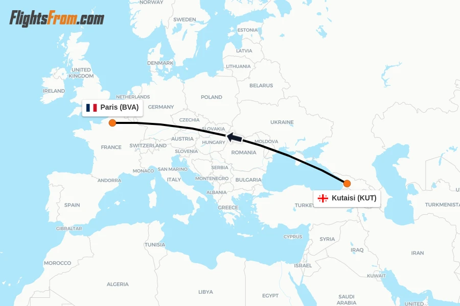 Flights from Kutaisi to Paris route map