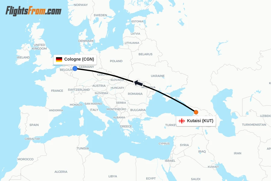 Flights from Kutaisi to Cologne route map