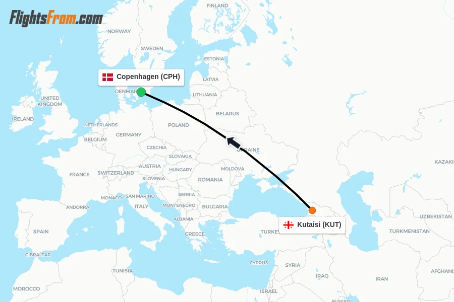 Flights from Kutaisi to Copenhagen route map