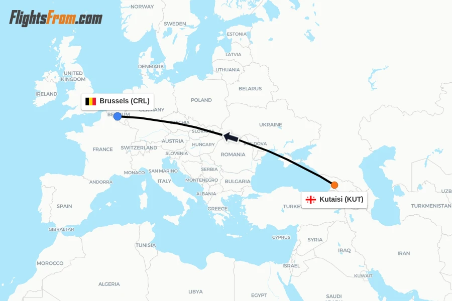 Flights from Kutaisi to Brussels route map