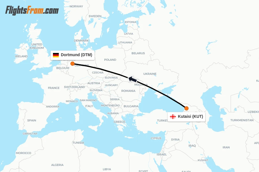 Flights from Kutaisi to Dortmund route map