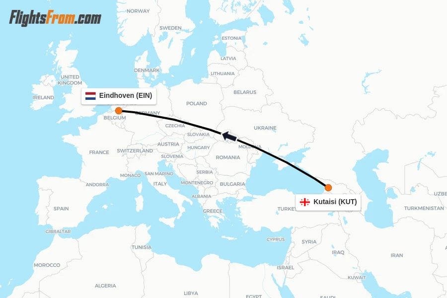 Flights from Kutaisi to Eindhoven route map