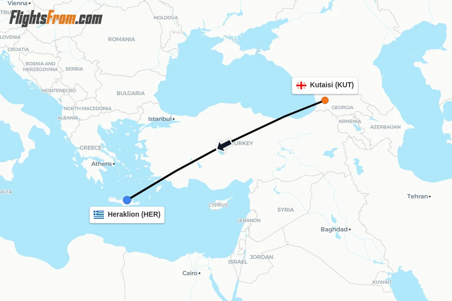Flights from Kutaisi to Heraklion route map