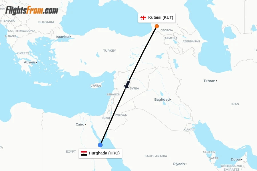 Flights from Kutaisi to Hurghada route map