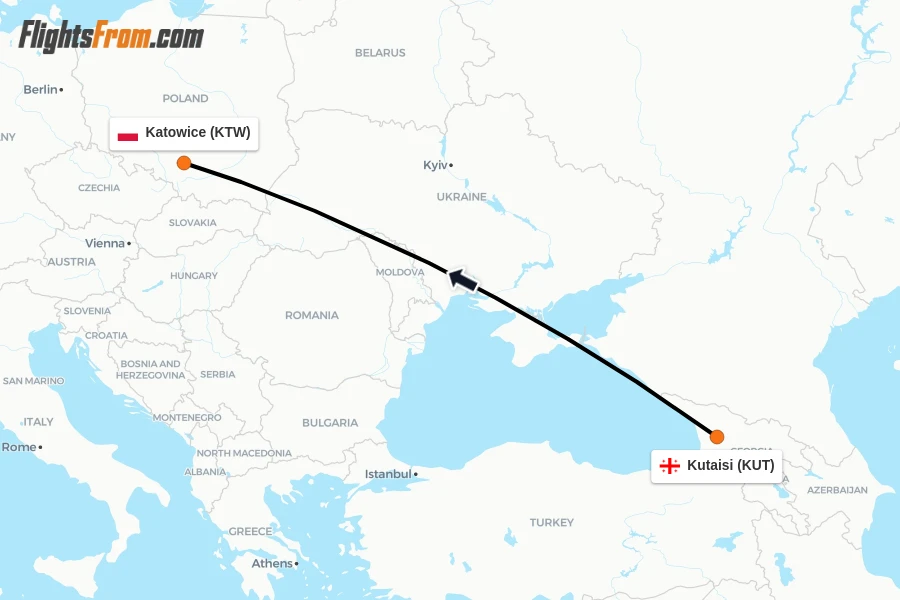 Flights from Kutaisi to Katowice route map