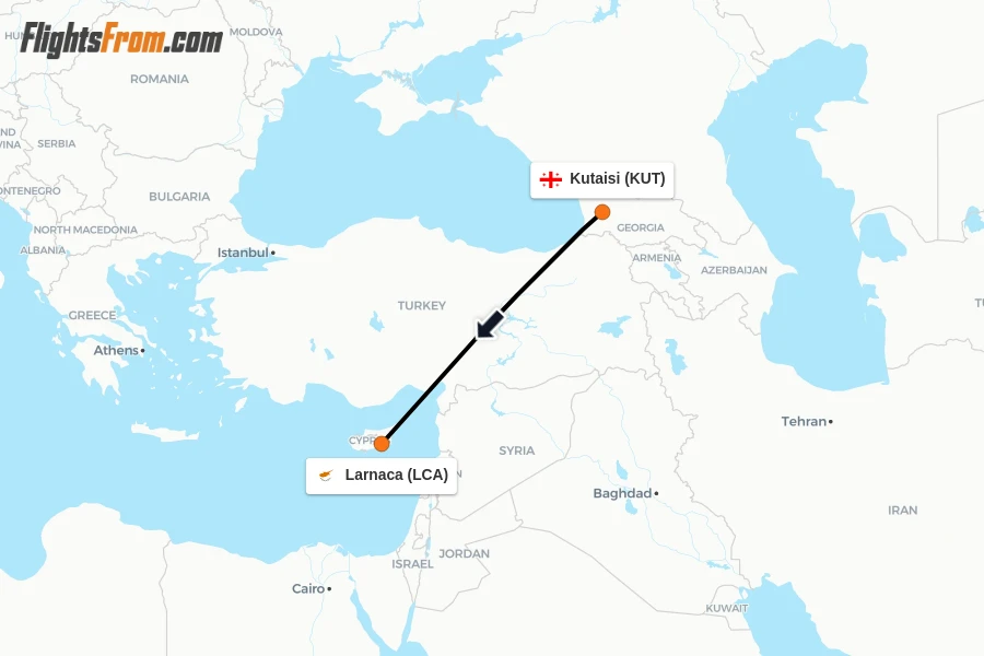 Flights from Kutaisi to Larnaca route map