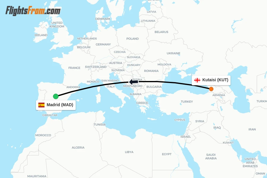 Flights from Kutaisi to Madrid route map