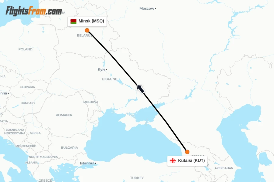Flights from Kutaisi to Minsk route map