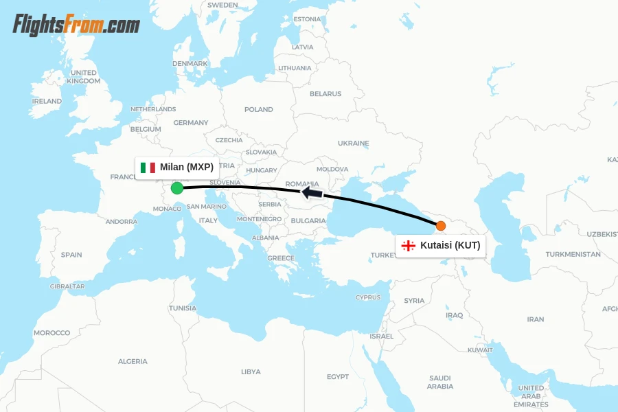 Flights from Kutaisi to Milan route map