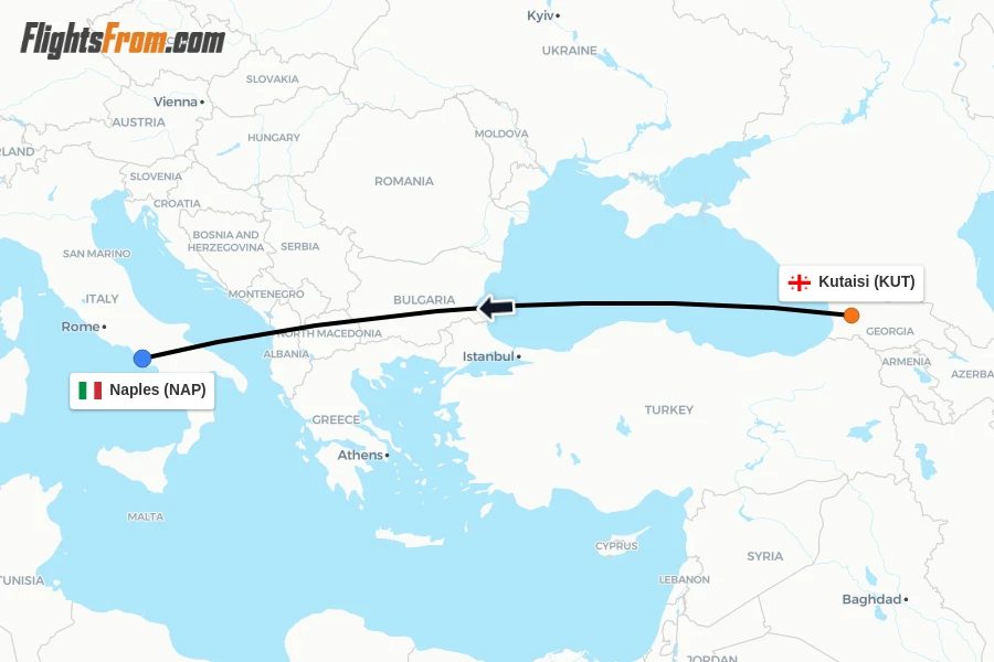 Flights from Kutaisi to Naples route map