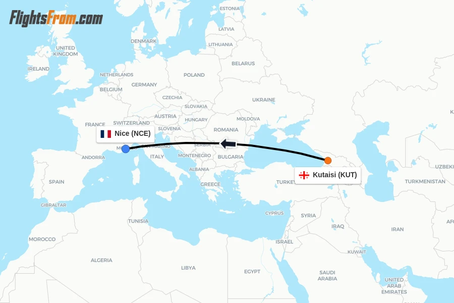 Flights from Kutaisi to Nice route map