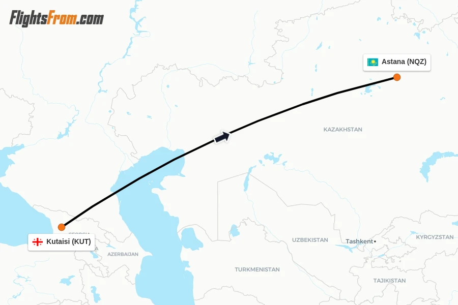 Flights from Kutaisi to Astana route map