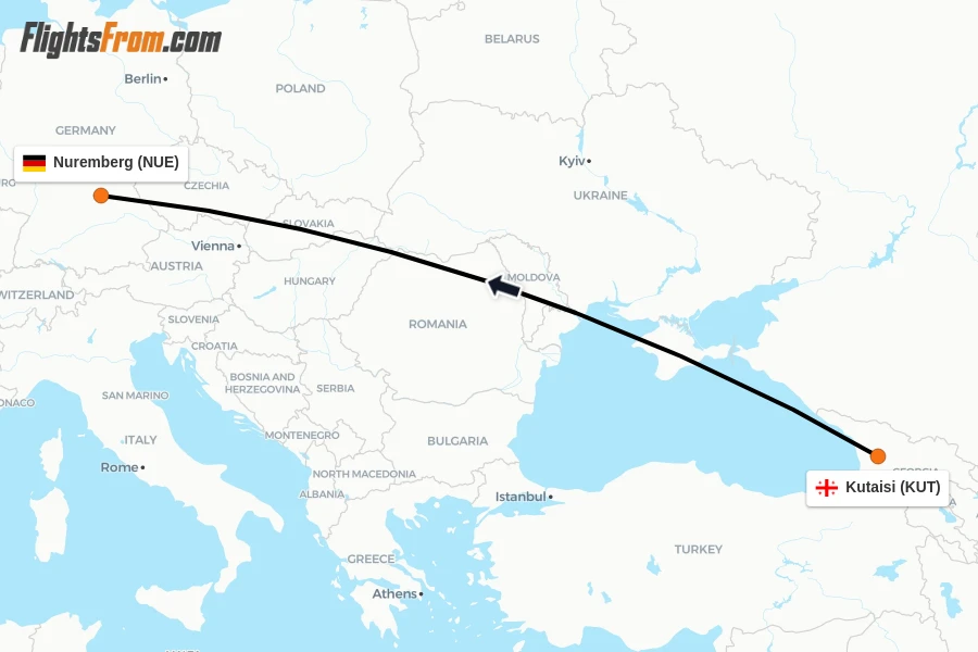 Flights from Kutaisi to Nuremberg route map
