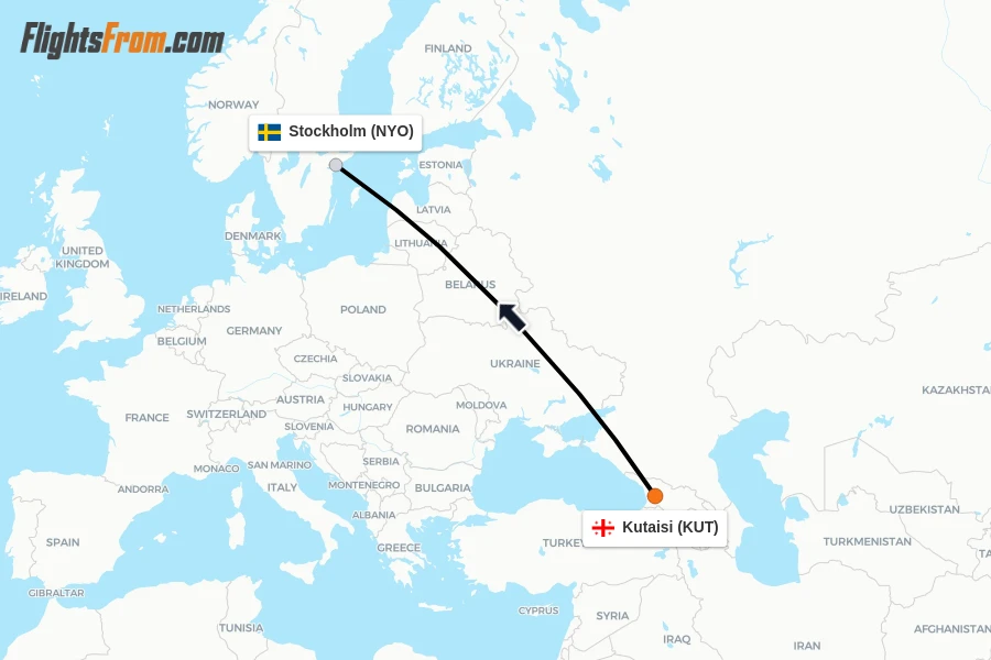 Flights from Kutaisi to Stockholm route map