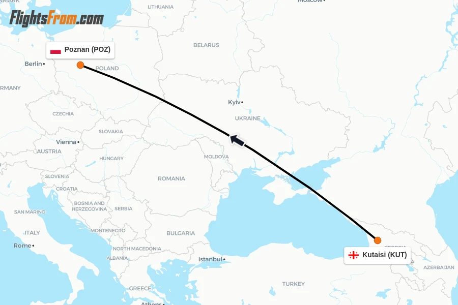 Flights from Kutaisi to Poznan route map