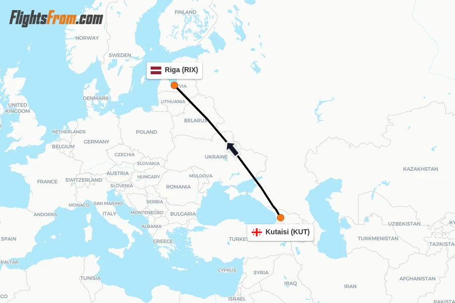 Flights from Kutaisi to Riga route map