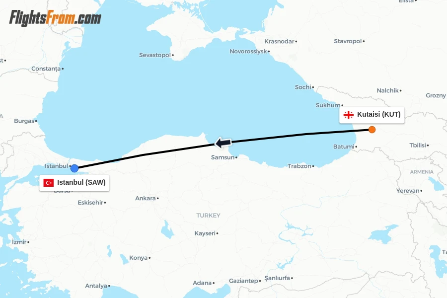 Flights from Kutaisi to Istanbul route map