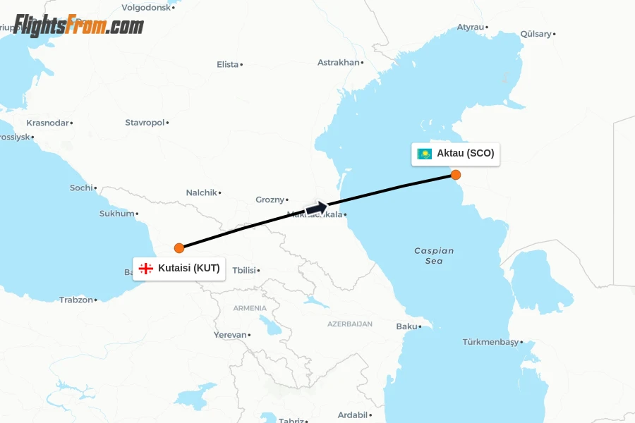 Flights from Kutaisi to Aktau route map