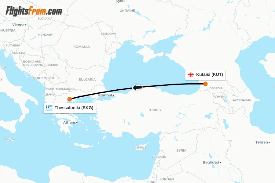 Flights from Kutaisi to Thessaloniki route map