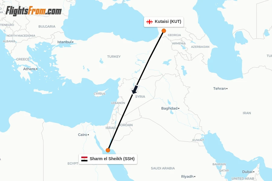 Flights from Kutaisi to Sharm el Sheikh route map