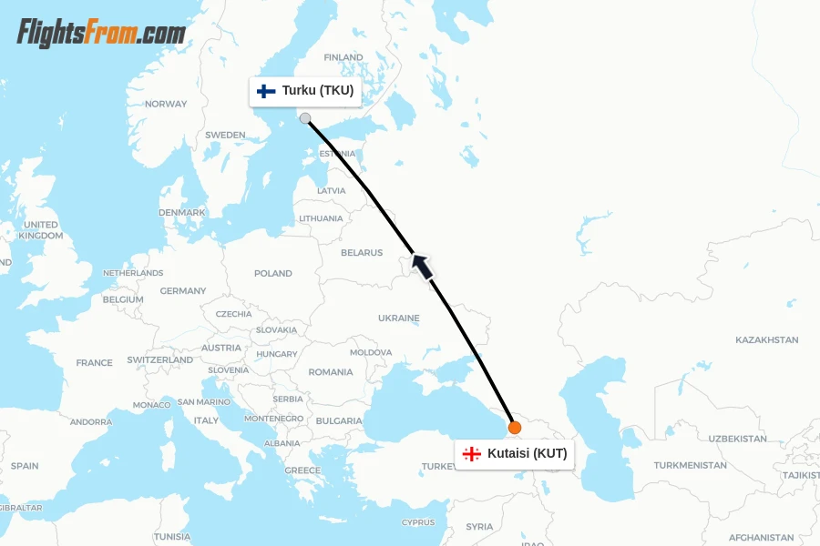 Flights from Kutaisi to Turku route map