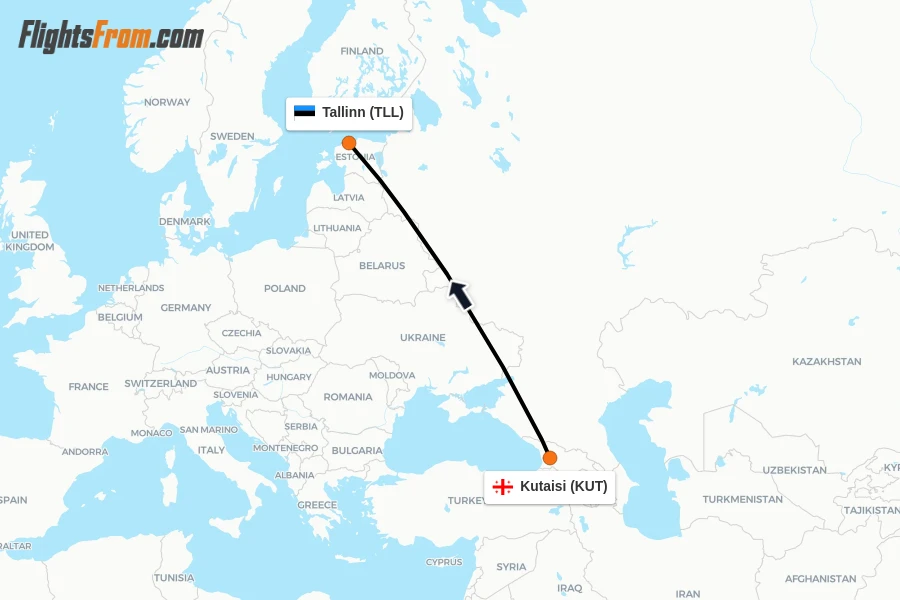 Flights from Kutaisi to Tallinn route map