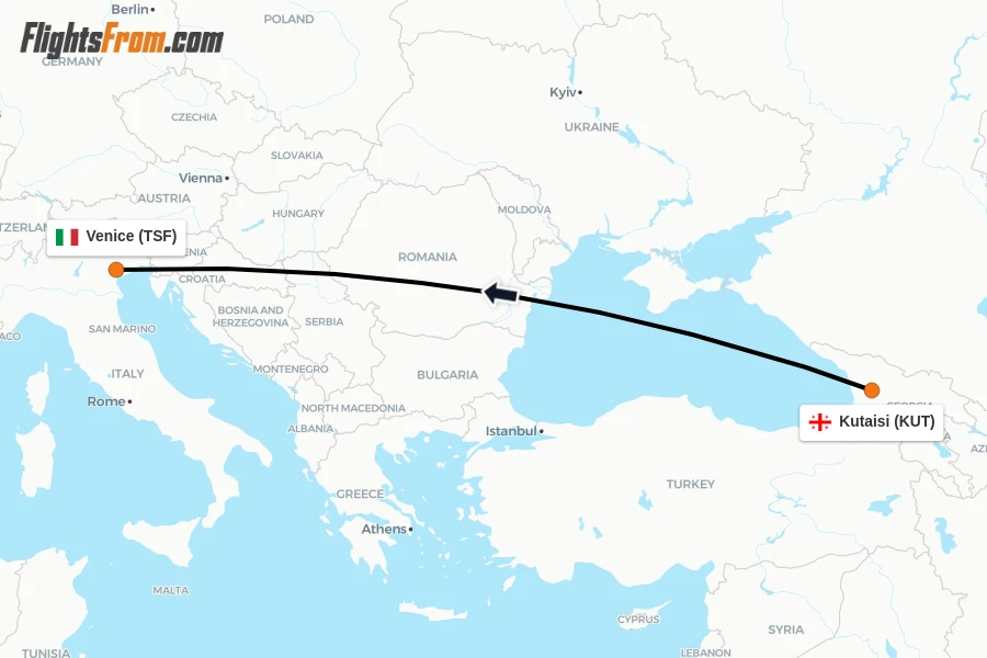 Flights from Kutaisi to Venice route map