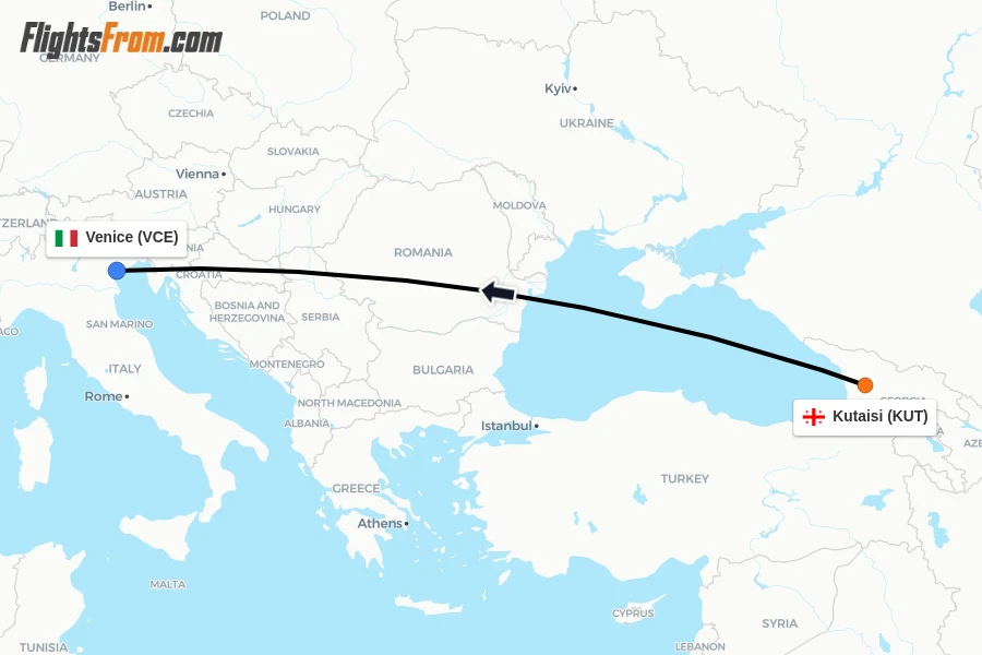 Flights from Kutaisi to Venice route map