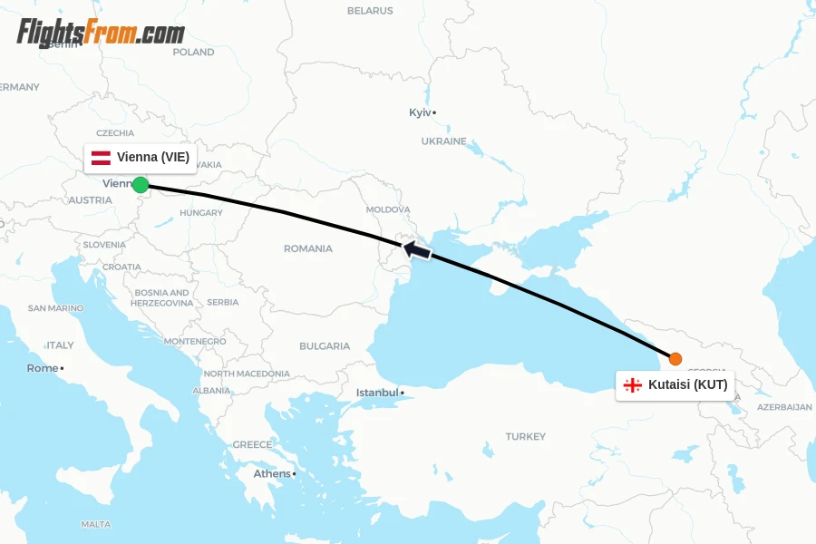 Flights from Kutaisi to Vienna route map