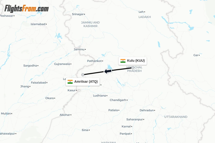Flights from Kulu to Amritsar route map