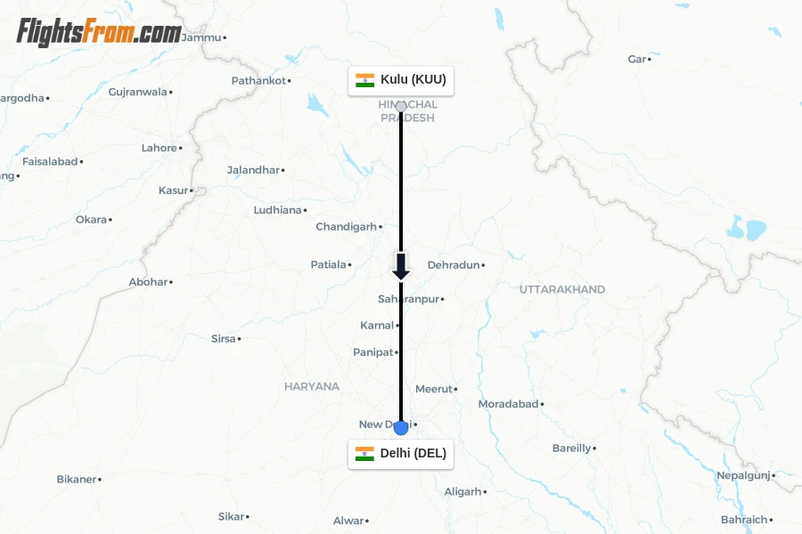 Flights from Kulu to Delhi route map