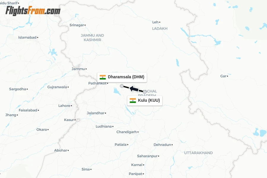 Flights from Kulu to Dharamsala route map
