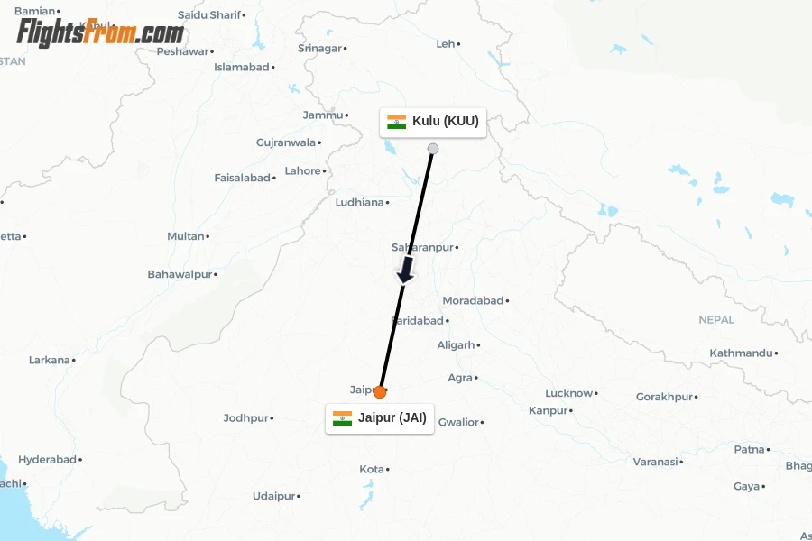 Flights from Kulu to Jaipur route map