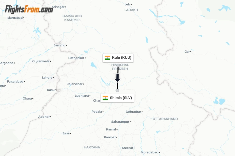 Flights from Kulu to Shimla route map