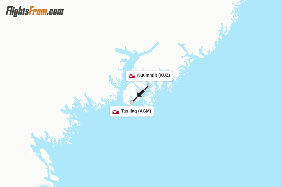 Flights from Kuummiit to Tasiilaq route map