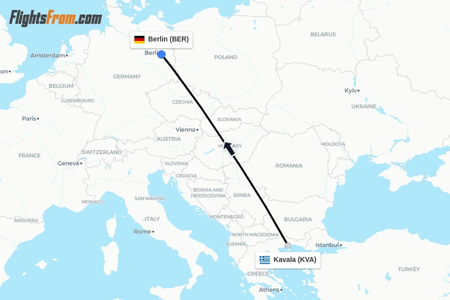 Flights from Kavala to Berlin route map