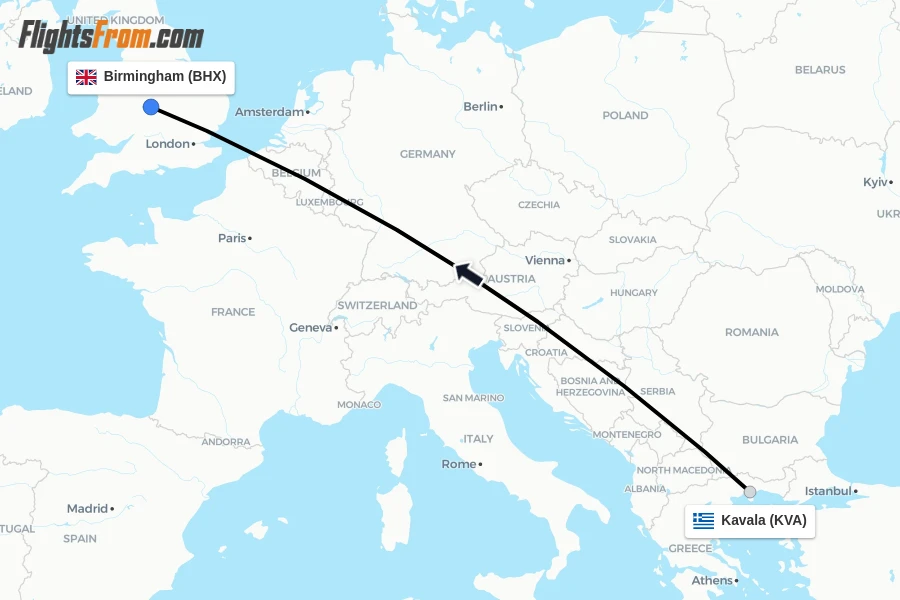 Flights from Kavala to Birmingham route map