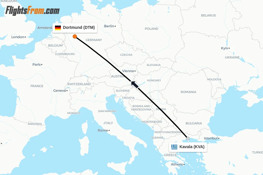 Flights from Kavala to Dortmund route map