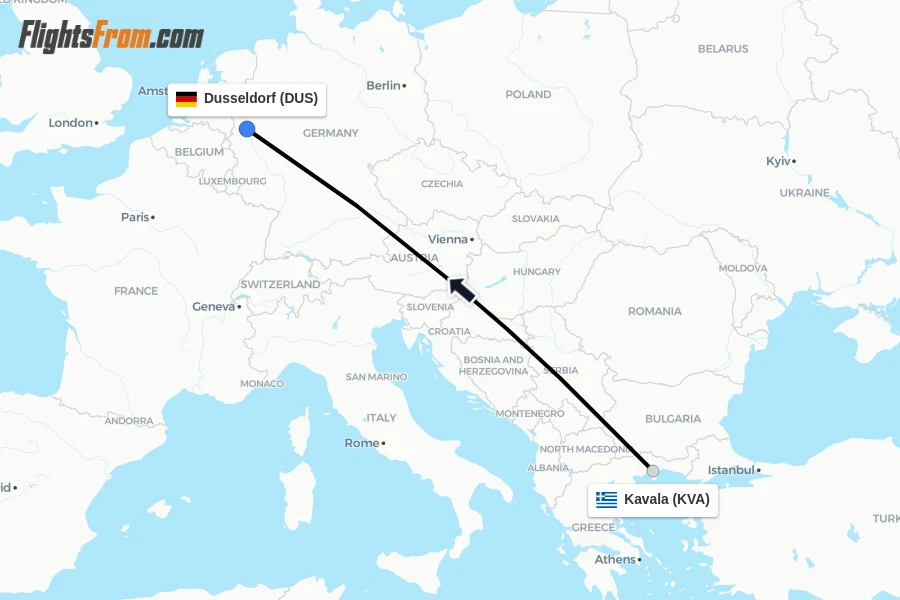 Flights from Kavala to Dusseldorf route map