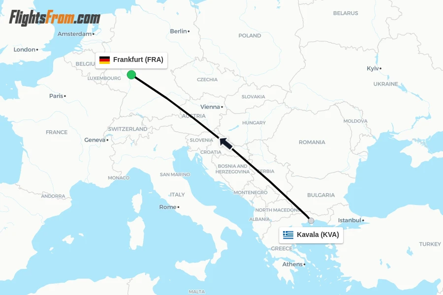 Flights from Kavala to Frankfurt route map