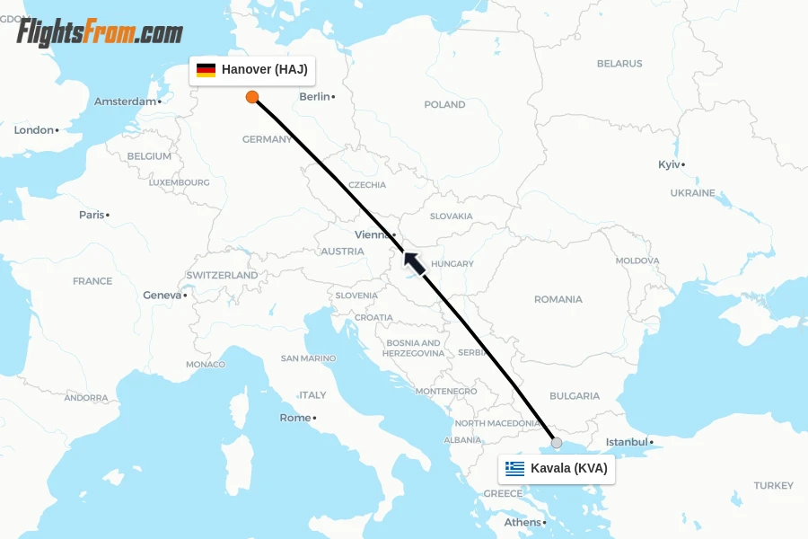 Flights from Kavala to Hanover route map